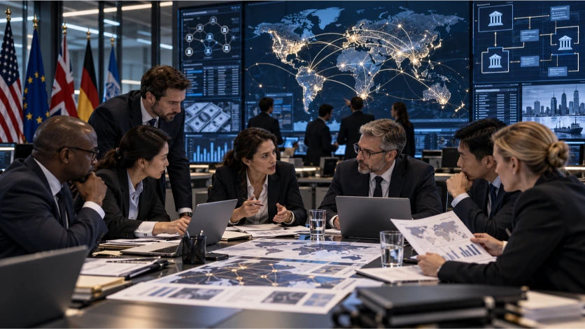Equipo internacional de investigadores financieros analiza mapas, transacciones y redes económicas globales, representando la cooperación entre países para detectar y combatir el blanqueo de capitales.