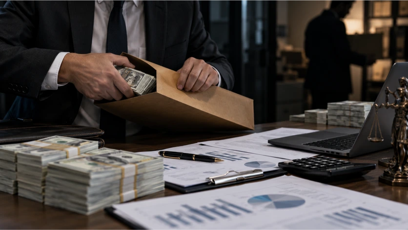 Escena de una operación financiera clandestina con dinero en efectivo, documentación empresarial y herramientas de análisis, simbolizando la ocultación del origen ilícito de los fondos.