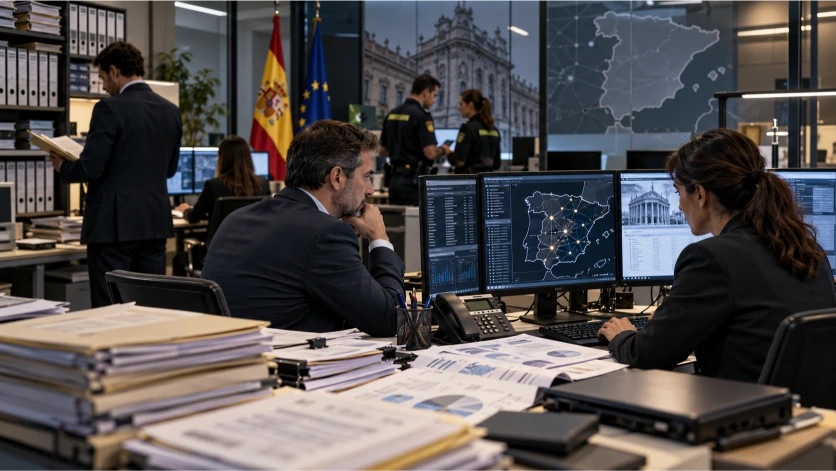 Equipo profesional trabaja en una unidad de investigación financiera española, analizando mapas, documentos, operaciones sospechosas y redes económicas vinculadas con posibles delitos financieros.