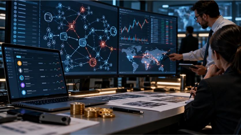 Analistas investigan movimientos de criptomonedas mediante herramientas blockchain, gráficos financieros y redes digitales para rastrear transacciones sospechosas realizadas a través de activos virtuales.