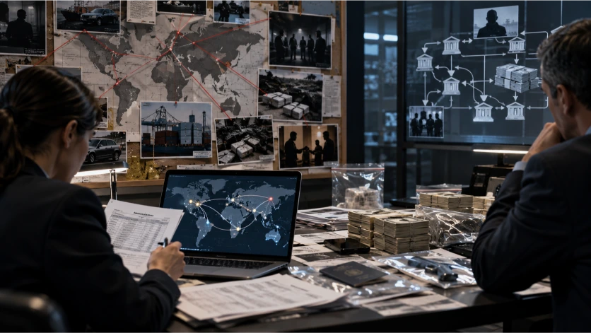 Investigadores examinan conexiones entre dinero, empresas, redes internacionales y actividades criminales, mostrando cómo las organizaciones utilizan estructuras financieras para ocultar beneficios ilícitos.
