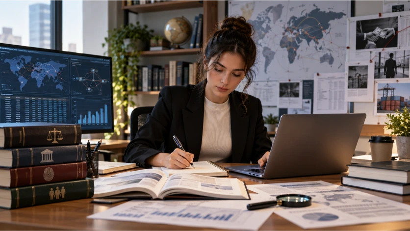 Profesional se forma en análisis financiero, criminología y prevención del delito mediante libros especializados, documentación, mapas y herramientas digitales de investigación económica.