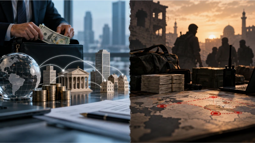 Imagen comparativa que muestra la diferencia entre ocultar fondos ilícitos dentro del sistema financiero y utilizar recursos económicos para financiar actividades terroristas o redes extremistas.