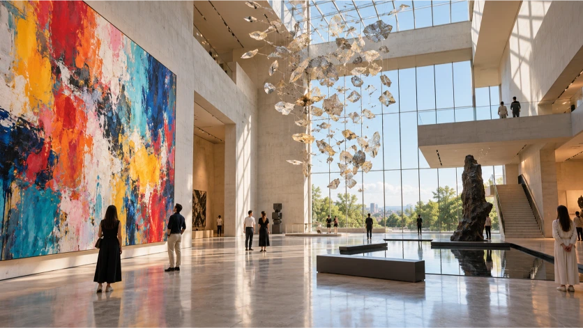 Museo de arte contemporánea con pintura abstracta, instalación suspendida y visitantes recorriendo un amplio espacio iluminado por grandes ventanales.