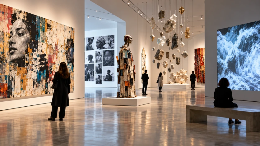 Exposición multidisciplinar con pintura, escultura, fotografía, instalación suspendida y proyección audiovisual en una sala de arte contemporáneo.