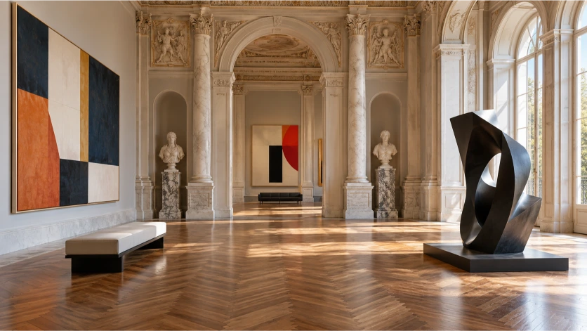 Sala clásica con arquitectura histórica, pintura geométrica y escultura abstracta, combinando tradición arquitectónica y arte moderno.