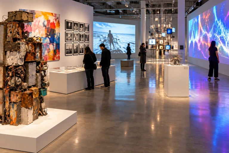Galería contemporánea con esculturas, fotografía, pintura abstracta, proyecciones audiovisuales y visitantes explorando diferentes expresiones artísticas.