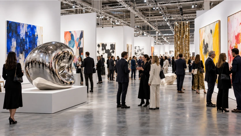 Feria de arte contemporáneo con numerosos visitantes, pinturas abstractas y una llamativa escultura metálica de superficie reflectante.