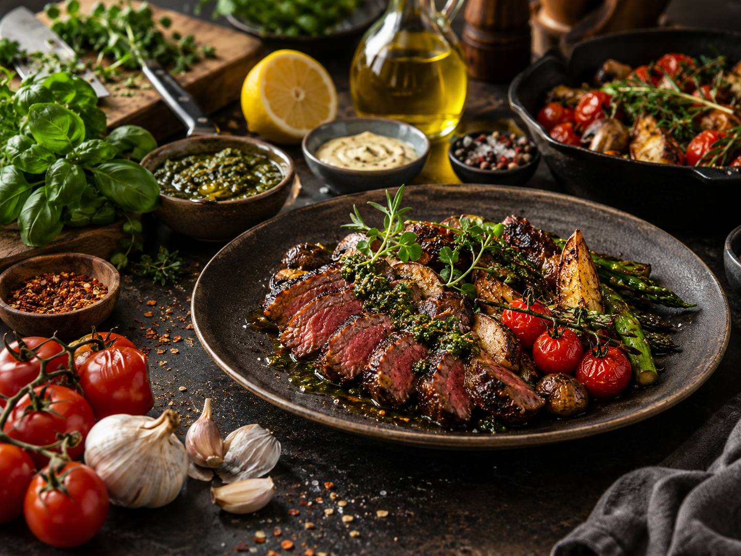 Ingredientes, salsas y técnicas culinarias en un plato gourmet con carne y verduras asadas