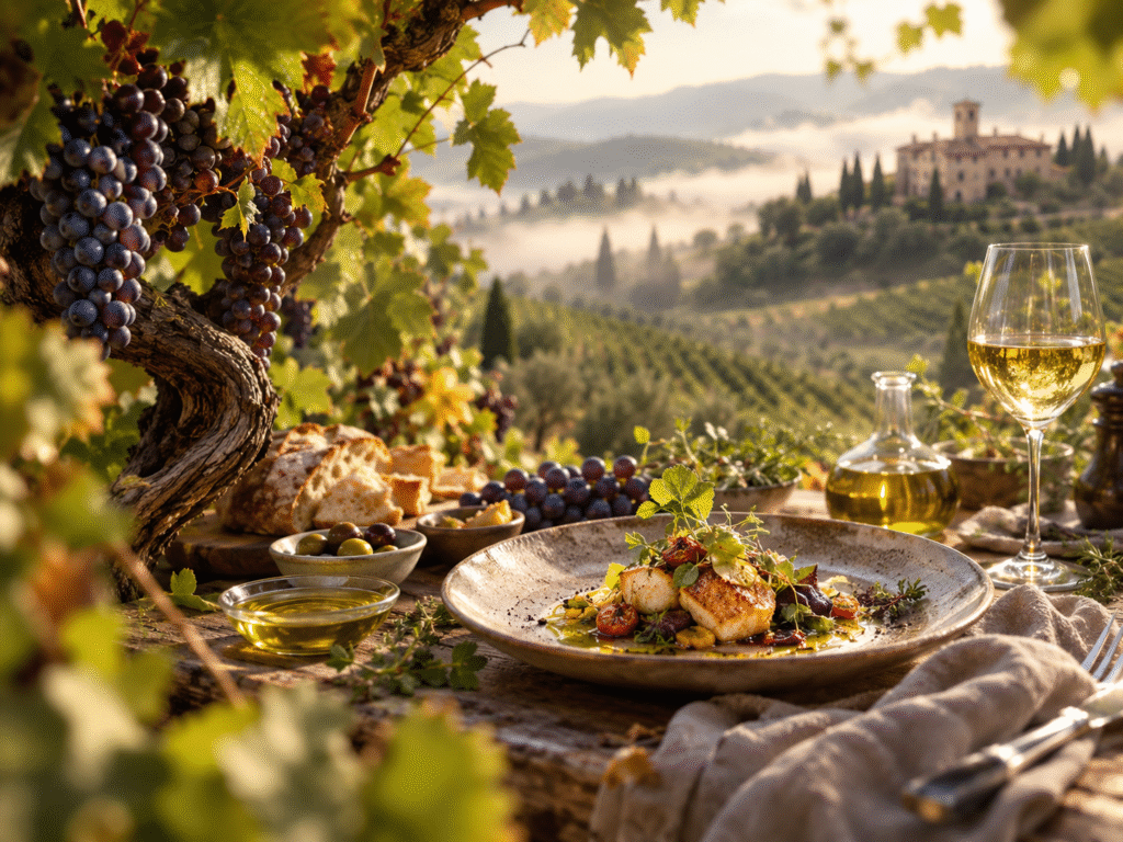 Enología y gastronomía entre viñedos con vino, uvas y plato gourmet