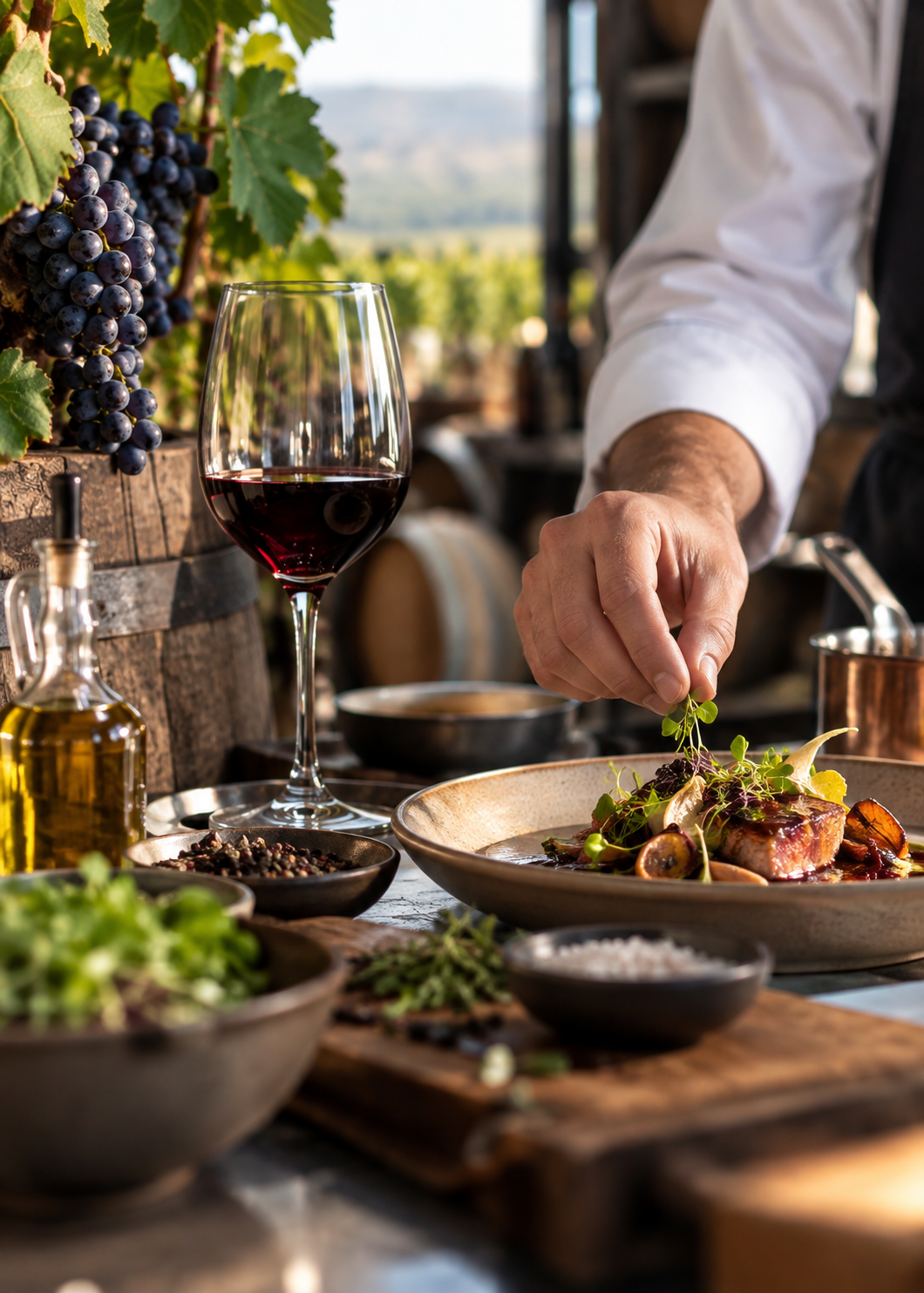 Dirección de empresas de vino y gastronomía con chef, vino tinto y cocina gourmet
