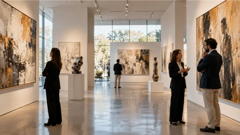 Galería de arte contemporáneo con visitantes y profesionales del sector artístico