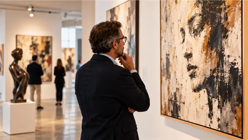 Profesional del arte observando una obra en una galería de arte contemporáneo