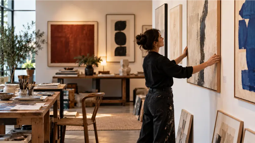 Artista colocando una obra de arte en una galería contemporánea