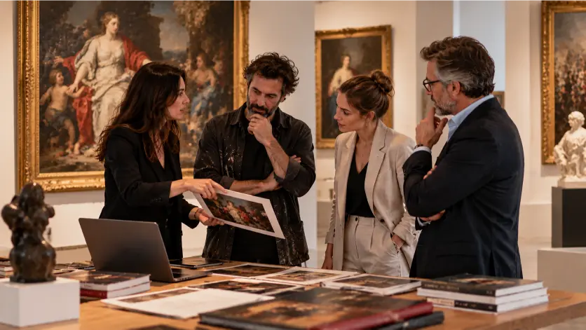 Profesionales del mercado del arte conversando con un artista sobre obras en una galería 