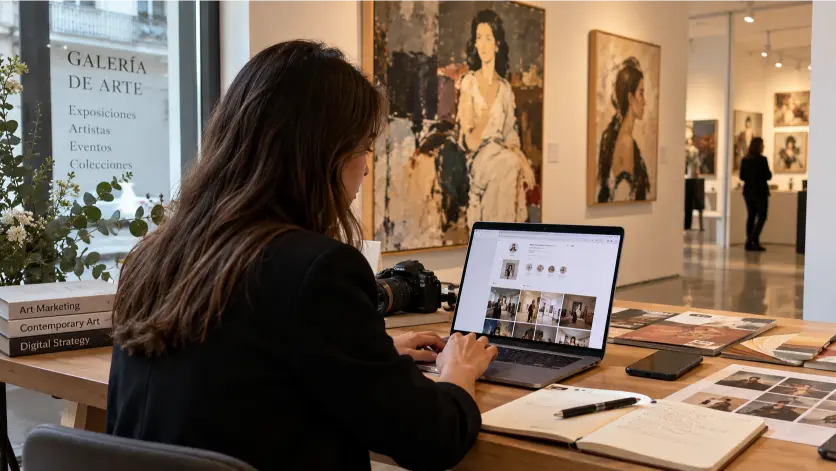 Profesional de marketing trabajando en la promoción digital de una galería de arte
