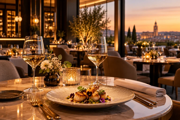Restaurante de lujo con mesa de alta gastronomía y copas de vino