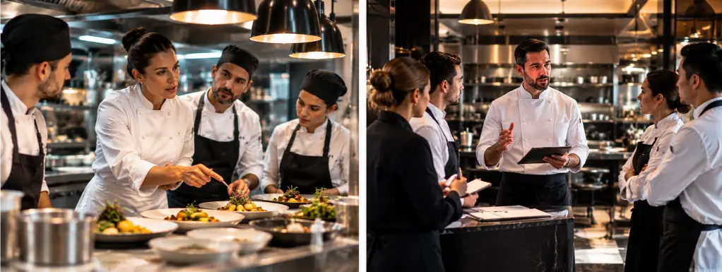 Chef coordinando a un equipo de profesionales en una cocina de alta gama