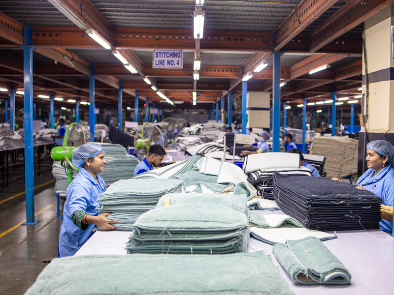 Dos operarios seleccionan tejidos en la zona de clasificación de una fábrica textil