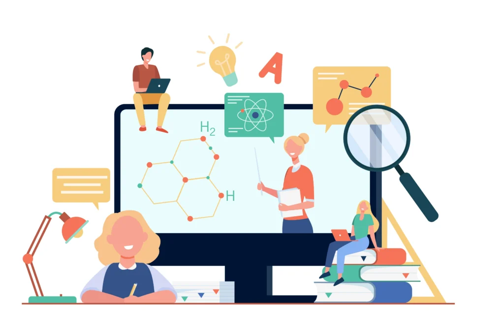 Ilustración educativa que representa el aprendizaje significativo mediante estudiantes, docentes, recursos digitales, libros y elementos científicos, destacando la conexión entre conocimientos previos, nuevas ideas y metodologías de enseñanza.