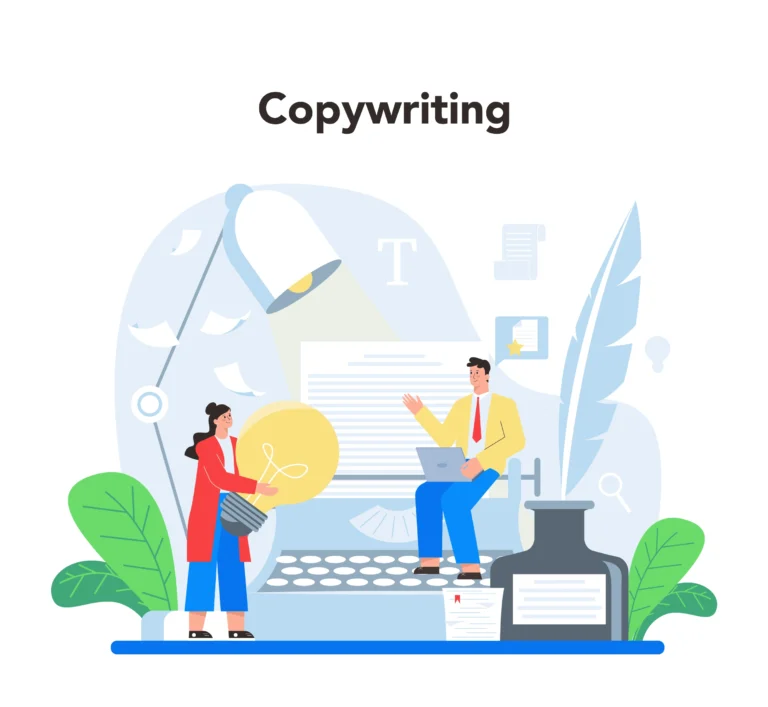 Ilustración sobre el copywriting como herramienta de comunicación persuasiva, destacando la creatividad, la redacción de contenidos estratégicos y el desarrollo de mensajes que conectan con los consumidores.