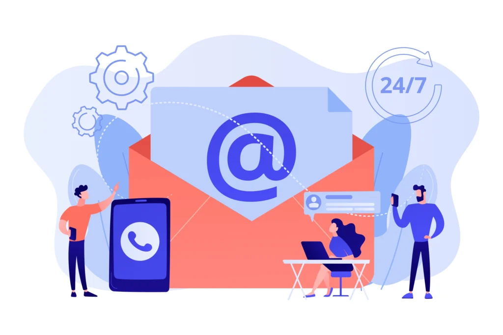 Ilustración de email marketing con un gran sobre, herramientas de automatización, atención permanente y profesionales conectados. Representa el envío estratégico de correos electrónicos y la comunicación digital con clientes potenciales.
