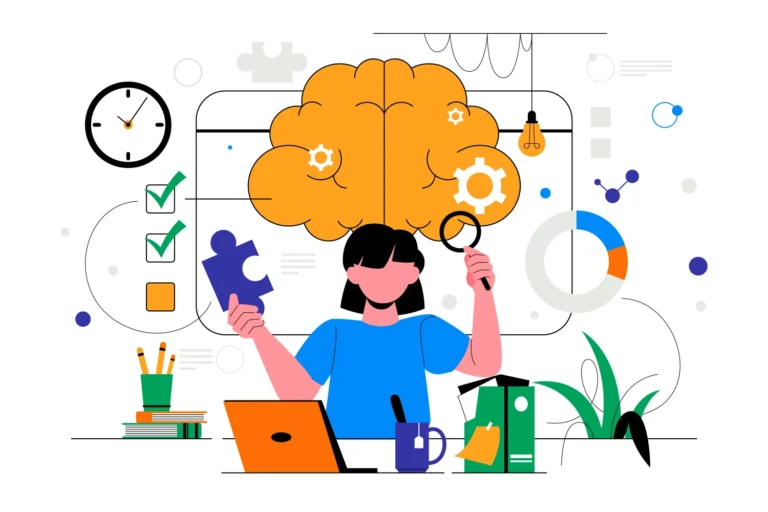 Ilustración conceptual sobre el **neuromarketing y el comportamiento del consumidor**, que representa el análisis de los procesos mentales, las emociones y la toma de decisiones de compra. Una profesional examina un cerebro mediante una lupa, rodeada de gráficos, engranajes y elementos visuales que simbolizan la investigación, la creatividad y las estrategias de marketing aplicadas a las ventas.