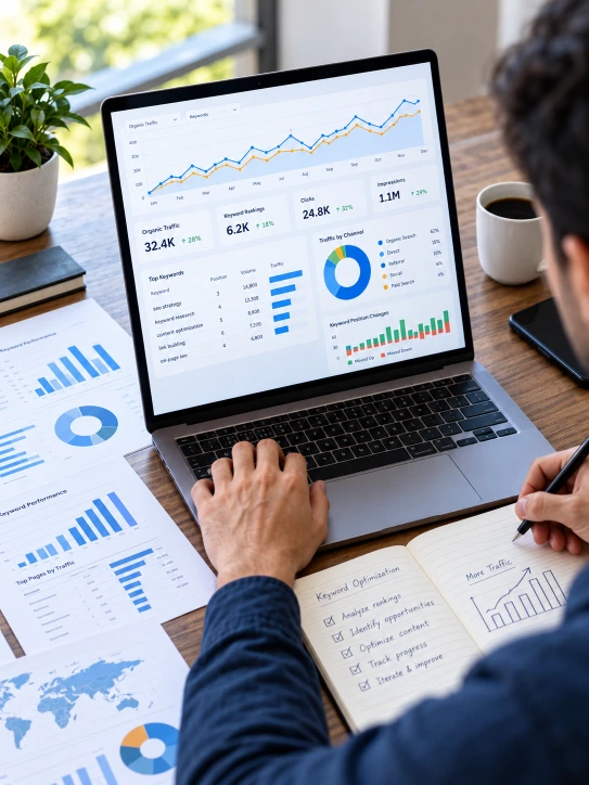 Analista examinando estadísticas de tráfico, gráficos de rendimiento y métricas de posicionamiento web mediante herramientas digitales para evaluar resultados y detectar oportunidades de optimización SEO.