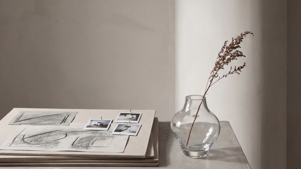 Muestras de tejidos y bocetos de diseño extendidos sobre una mesa de trabajo