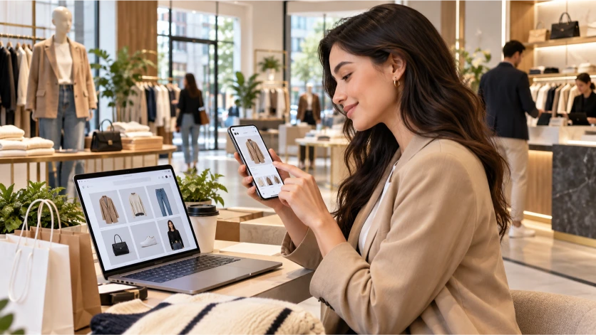 Consumidora utilizando su teléfono móvil en una tienda de moda mientras consulta productos digitales, representando la integración entre comercio electrónico, establecimientos físicos y nuevas experiencias de compra.