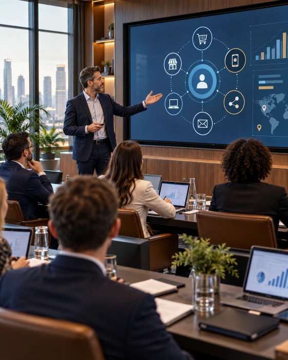 Profesional impartiendo una formación sobre estrategias comerciales omnicanales ante un equipo empresarial, utilizando una presentación digital para explicar la integración de canales, la dirección comercial y la transformación digital.