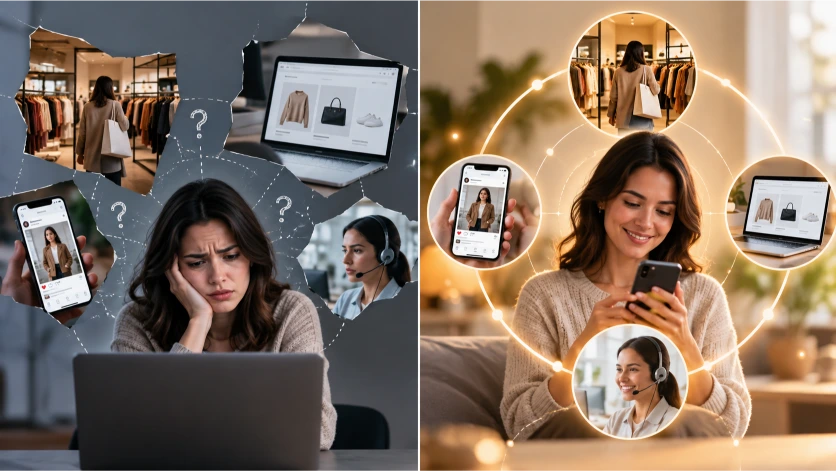 Comparación visual entre una experiencia comercial fragmentada y otra conectada, mostrando cómo la integración de canales digitales y físicos facilita las compras y mejora la atención al cliente.