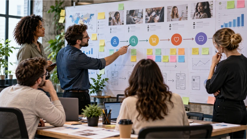 Equipo de profesionales analizando el recorrido del cliente mediante gráficos, diagramas y herramientas visuales para identificar oportunidades de mejora en las diferentes etapas del proceso de compra.