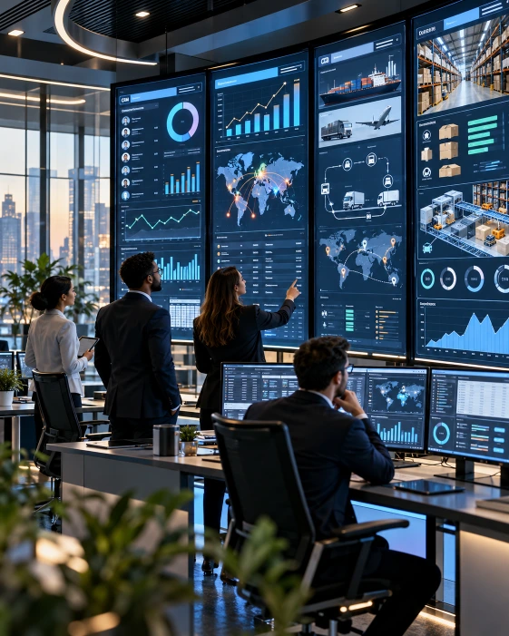 Centro tecnológico de gestión empresarial con profesionales supervisando grandes pantallas de análisis, inventarios y operaciones comerciales mediante sistemas digitales integrados que facilitan la coordinación entre departamentos.