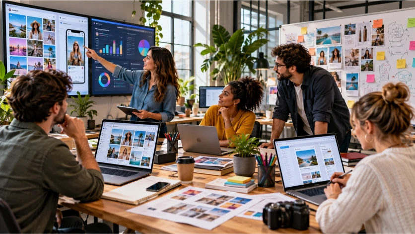 Equipo de especialistas en marketing trabajando en una campaña digital, analizando contenidos, redes sociales y estadísticas para coordinar acciones publicitarias y mejorar las estrategias de captación de clientes.