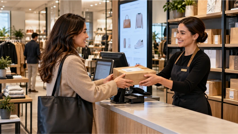 Clienta recogiendo en una tienda física un paquete adquirido previamente por Internet, mostrando el funcionamiento del sistema click and collect y la conexión entre compras digitales y establecimientos comerciales.
