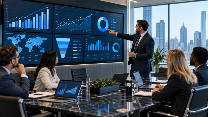 Directivos analizando indicadores de rendimiento comercial mediante paneles digitales con gráficos de ventas, conversiones y evolución del negocio para evaluar la eficacia de las estrategias omnicanales.