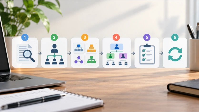 Representación visual de un organigrama empresarial con directivos, responsables y empleados conectados jerárquicamente, mostrando cómo se distribuyen los departamentos, las funciones y los niveles de autoridad.