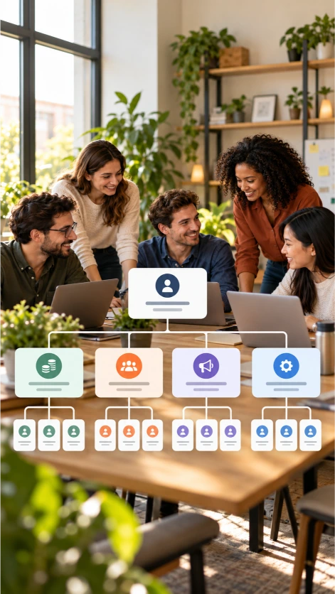 Equipo de profesionales trabajando conjuntamente en una oficina moderna, acompañado de un organigrama que representa la coordinación entre departamentos, la distribución de responsabilidades y la planificación estratégica empresarial.