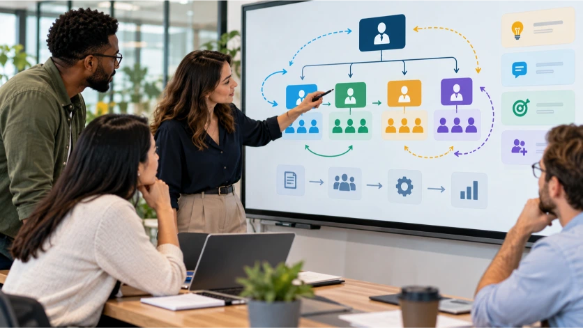 Equipo de profesionales analizando una estructura organizativa para mejorar la comunicación interna, coordinar departamentos, distribuir responsabilidades y facilitar la toma de decisiones dentro de una empresa.
