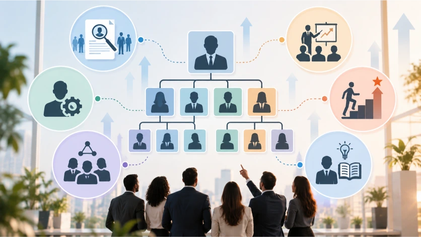 Imagen 3. Elementos fundamentales del organigrama
Diagrama corporativo que representa diferentes niveles jerárquicos, departamentos y puestos de trabajo, destacando las relaciones de autoridad, las responsabilidades individuales y los principales elementos de la organización empresarial.