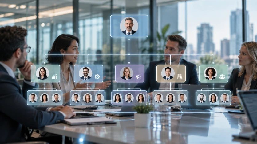 Infografía que muestra distintas formas de representar la estructura de una empresa mediante organigramas verticales, horizontales, circulares y mixtos, utilizando conexiones jerárquicas e iconos de empleados.