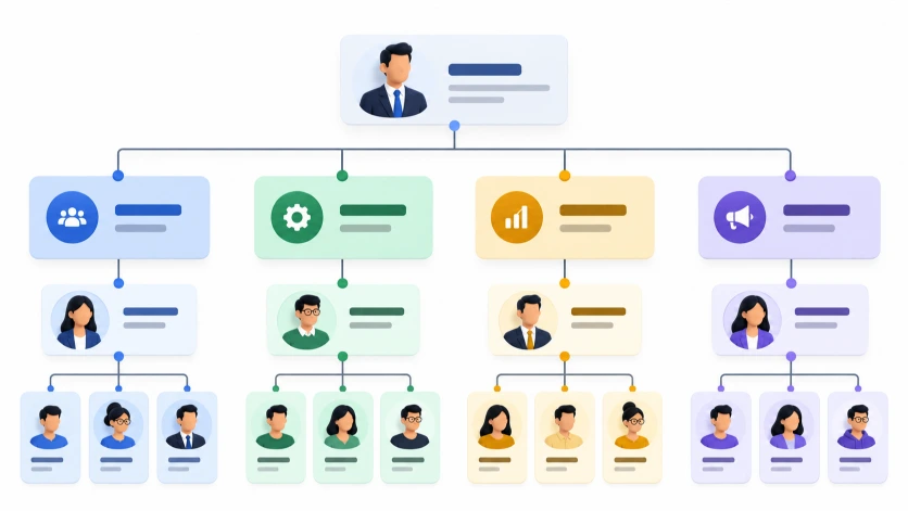 Ilustración de un organigrama empresarial jerárquico que representa la estructura organizativa de una empresa, mostrando los distintos departamentos, niveles de autoridad, responsabilidades y relaciones entre directivos, responsables y empleados.