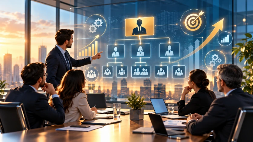 Profesionales colaborando en una oficina moderna mientras un organigrama visual representa la distribución de departamentos como finanzas, recursos humanos, marketing y operaciones dentro de una pequeña empresa.