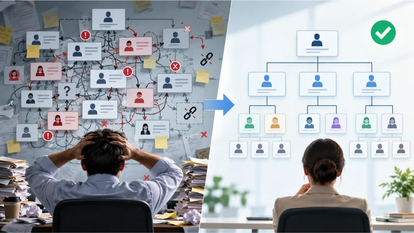 Comparación visual entre una estructura empresarial desorganizada, con conexiones confusas y responsabilidades poco definidas, y un organigrama claro que facilita la coordinación y la gestión eficiente.