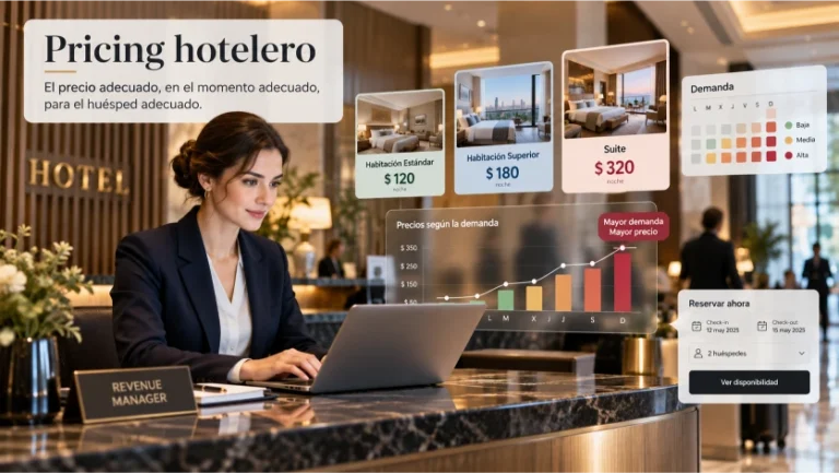 Profesional de gestión hotelera analizando tarifas, reservas y demanda mediante herramientas digitales. La imagen representa cómo el pricing hotelero permite optimizar los precios y mejorar los ingresos.