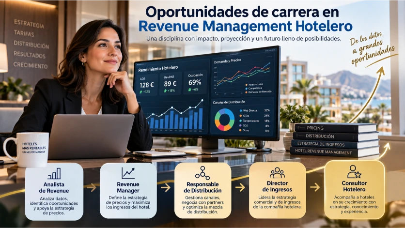 Profesional del sector hotelero analizando indicadores financieros y estrategias de precios, acompañada de un esquema de oportunidades laborales en análisis de ingresos, distribución y dirección hotelera.