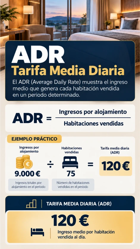 Gráfico educativo que muestra cómo calcular la tarifa media diaria o ADR, dividiendo los ingresos por alojamiento entre las habitaciones vendidas, con un resultado de 120 euros.