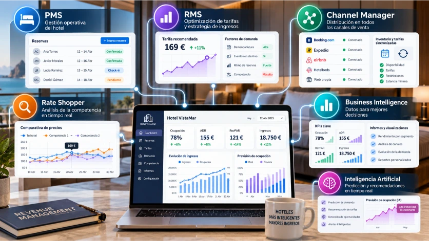 Infografía sobre las tecnologías utilizadas en revenue management hotelero, incluyendo sistemas PMS, RMS, Channel Manager, Business Intelligence e inteligencia artificial para analizar datos y optimizar tarifas.