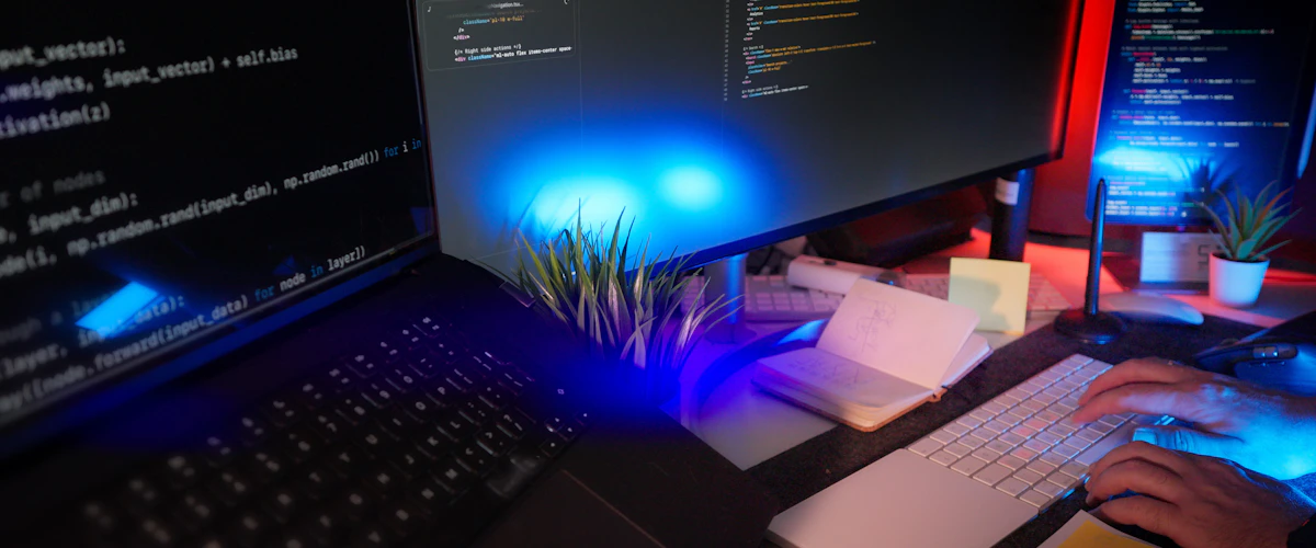 Profesional informático trabaja ante varios monitores en un puesto de programación
